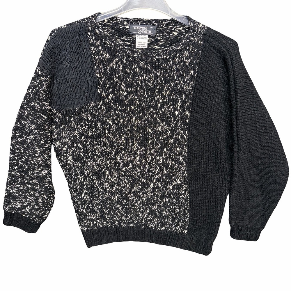 VTG 80s Hastings & Smith Sweater M Black White Marled Leather Patchwork Turkey